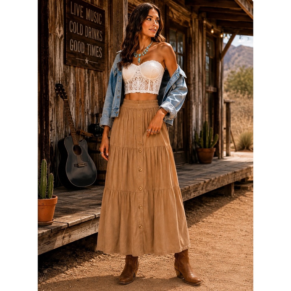 Crazy Cowgirl Tiered Rayon Maxi Skirt Tan Brown Boho Western Button Front Sz XL